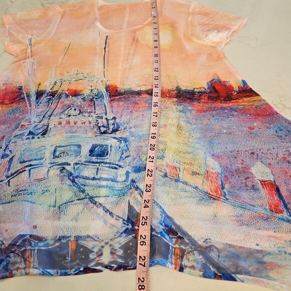Leoma Lovegrove Size Medium Sheer Tunic Top Peach Coastal Boats Art Print - Picture 6 of 6